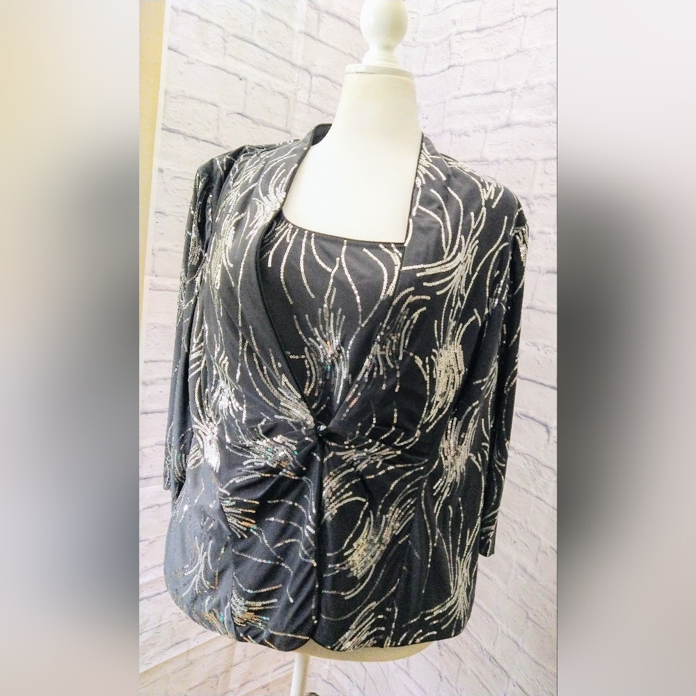2 PC Alex Evenings Elegant Pewtwer Gray Jacket and Top Set With Sequins